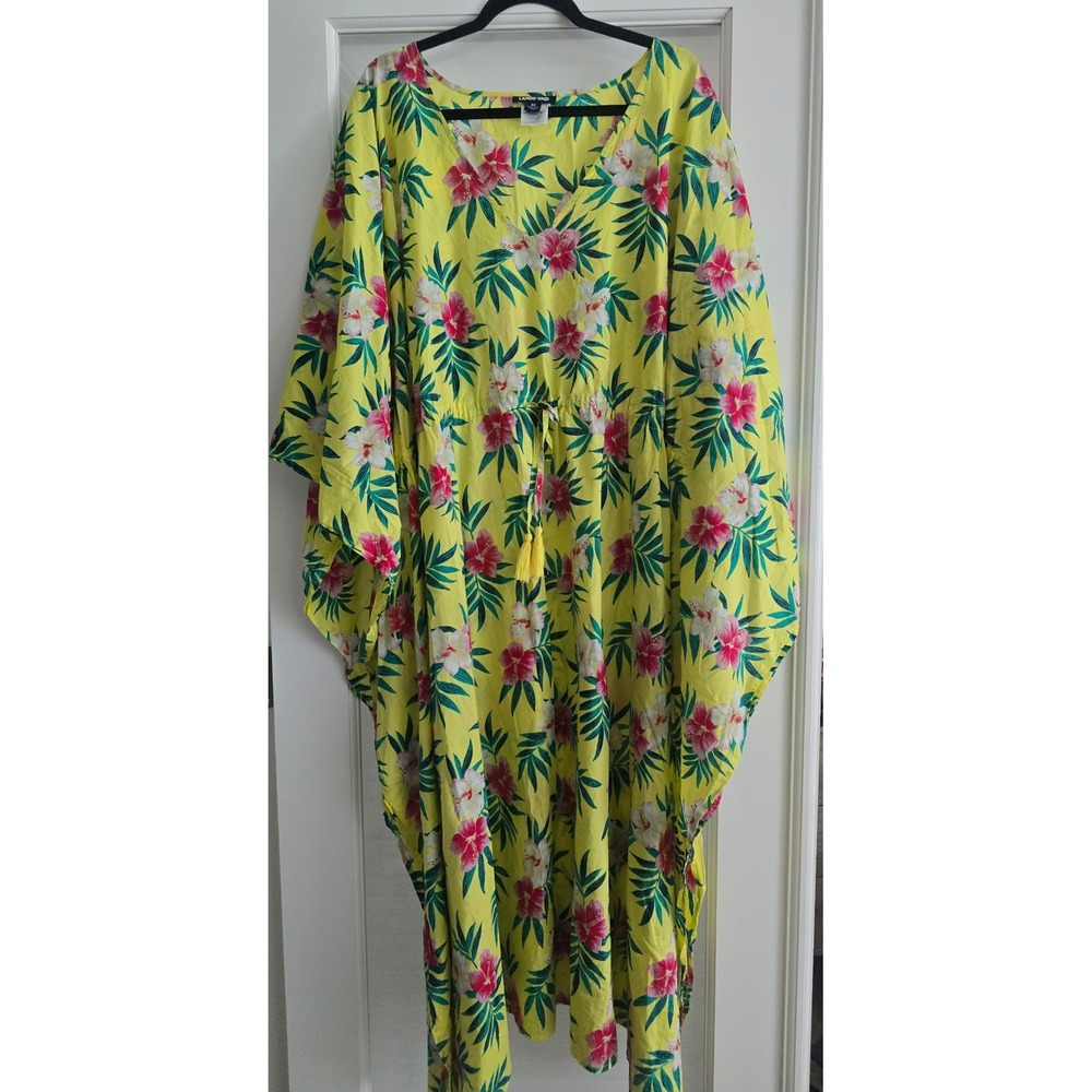 Lands End Womens 3X Yellow Tropical Hibiscus Cotton Kaftan Cover Up Dress